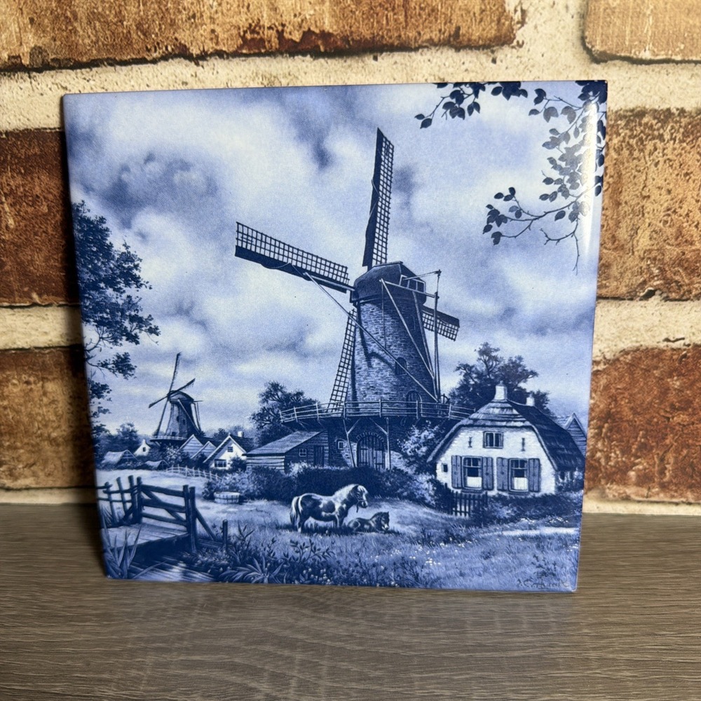 Vintage Delft Blue Holland Tile Windmill & Horse Landscape Ter Steege BV 6x6